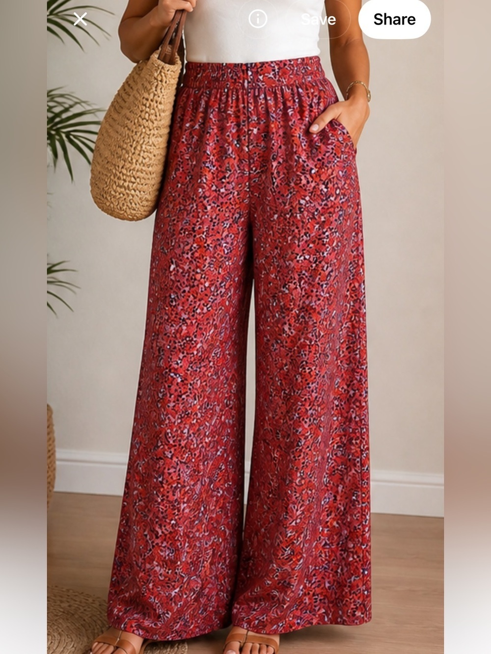 Lela Rose Red Floral Wide Leg Pull-On Pants Boho Resort Pal